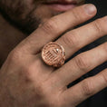 Load image into Gallery viewer, Rose gold plated Knights Templar seal signet ring worn on finger, cathedral emblem, ornate cross band statement ring
