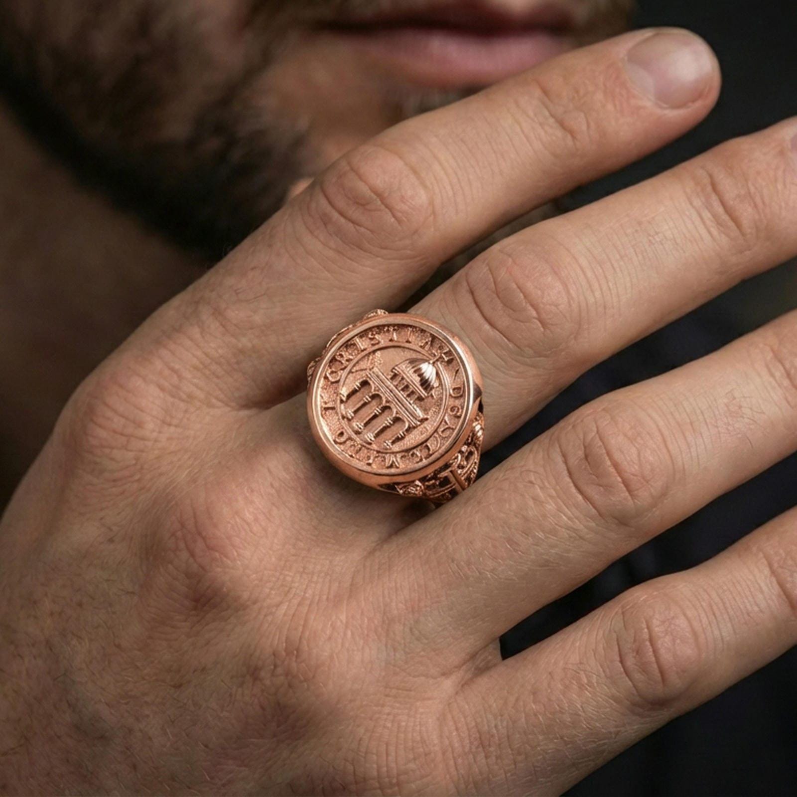 Rose gold plated Knights Templar seal signet ring worn on finger, cathedral emblem, ornate cross band statement ring
