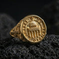 Load image into Gallery viewer, Gold plated Knights Templar signet ring on dark volcanic rock, Cristi de Templo seal with cathedral motif, ornate side cross
