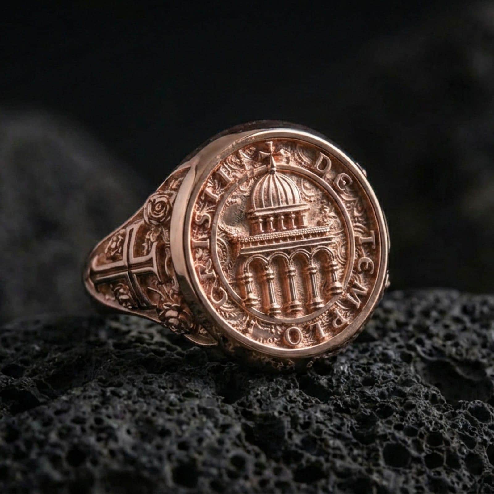 Rose gold plated Knights Templar seal ring on volcanic stone, cathedral emblem signet face, vintage engraved cross band