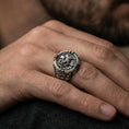 Load image into Gallery viewer, Oxidized 925 sterling silver Agnus Dei signet ring worn on finger, Lamb of God seal with Latin inscription, cross engraved sides
