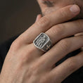 Load image into Gallery viewer, Oxidized 925 sterling silver Saint Roch signet ring worn on finger, patron saint relief with dog, cross side engraving
