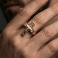 Load image into Gallery viewer, Rose gold plated Jesus crucifix ring worn on finger, crucifix statement ring with Jesus relief, religious jewelry gift
