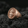 Load image into Gallery viewer, Rose gold plated Sacred Heart signet ring on volcanic stone, Sacred Heart emblem with crown of thorns, religious signet ring gift
