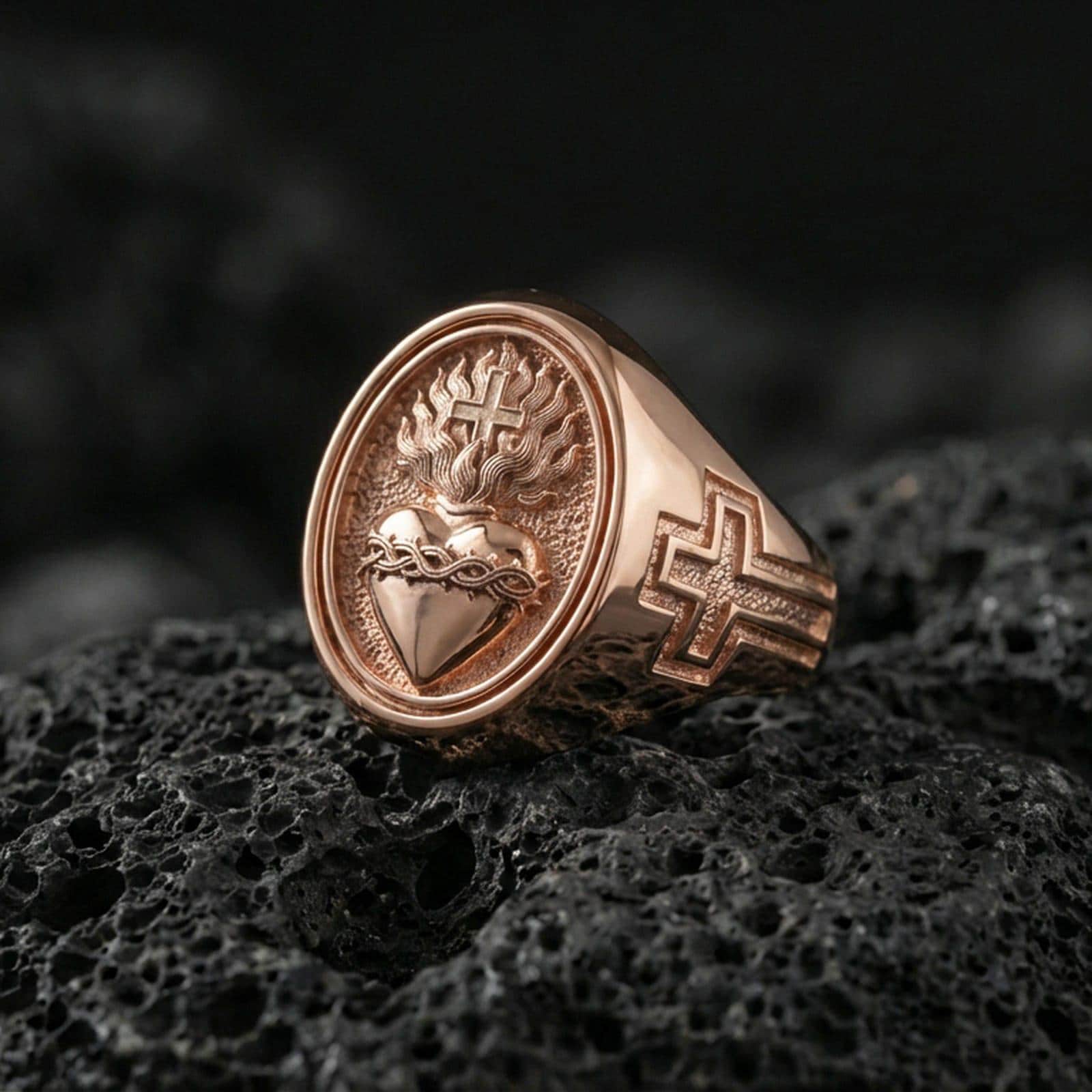 Rose gold plated Sacred Heart signet ring on volcanic stone, Sacred Heart emblem with crown of thorns, religious signet ring gift