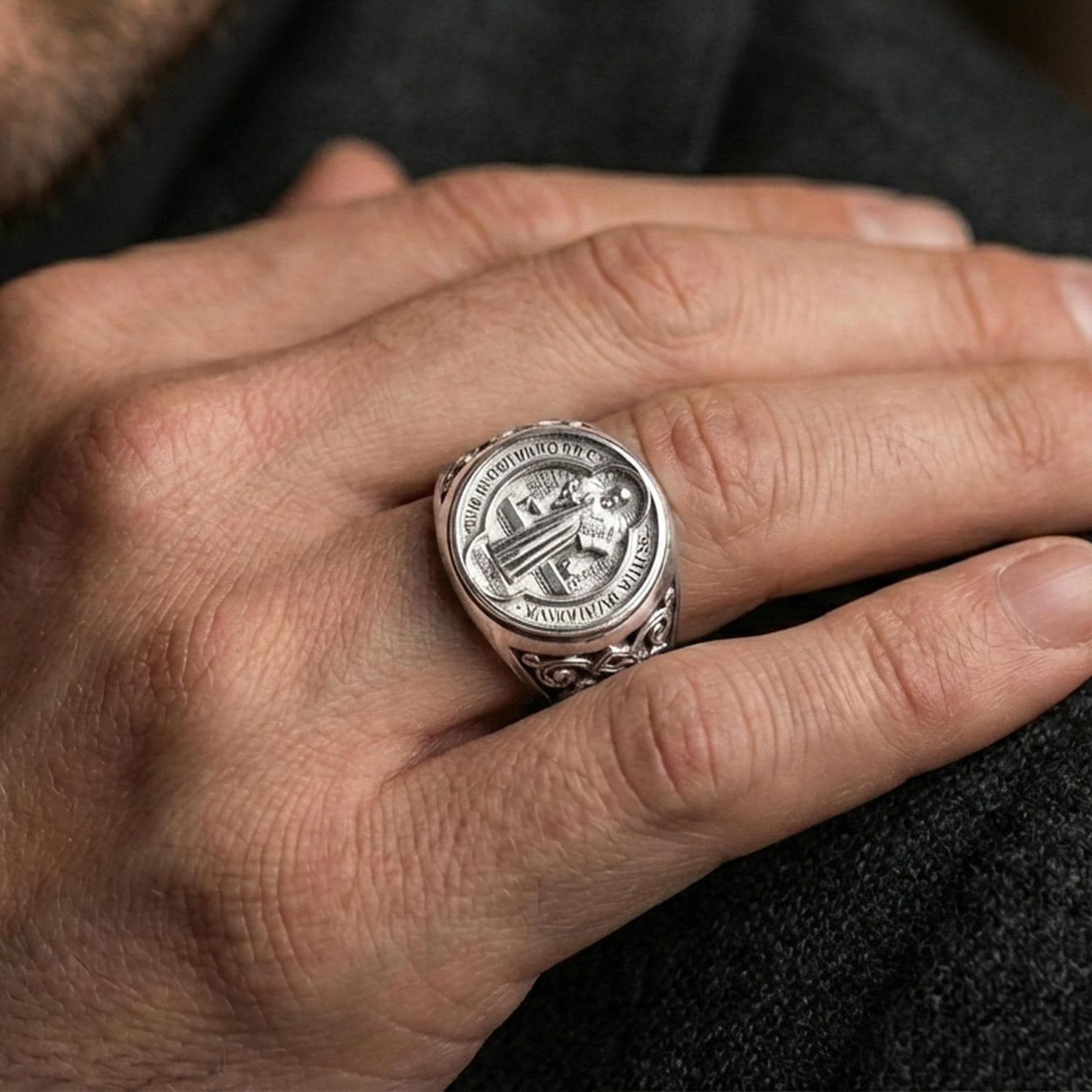 Polished silver St Benedict signet ring worn on finger, Benedict medal engraving with inscription, Christian devotional ring