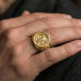 Load image into Gallery viewer, Gold plated St Benedict medal signet ring worn on finger, Catholic protection seal and saint detail, faith statement ring
