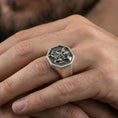 Load image into Gallery viewer, Oxidized 925 sterling silver Hanuman signet ring worn on finger, octagon face with detailed Hindu deity relief and spiritual symbolism
