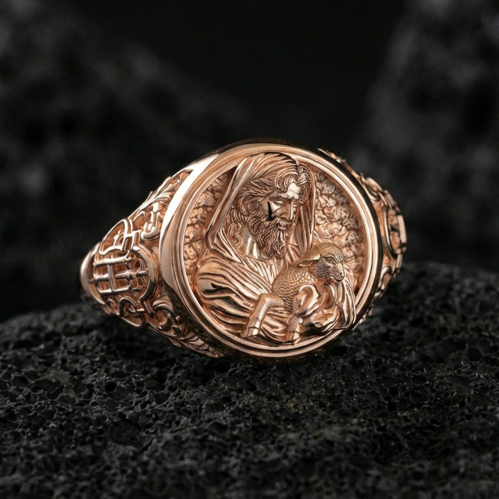 Rose gold plated Good Shepherd signet ring on volcanic stone, oval Jesus and lamb relief signet ring with premium handcrafted finish
