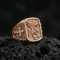 Load image into Gallery viewer, Rose gold plated Archangel Michael signet ring on volcanic stone, angel warrior relief with premium warm-tone finish
