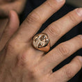 Load image into Gallery viewer, Rose gold plated Good Shepherd signet ring worn on finger, Jesus carrying lamb relief with smooth border bezel
