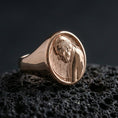 Load image into Gallery viewer, Rose gold plated Pope portrait ring on volcanic stone, papal profile relief signet with rounded oval frame
