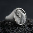 Load image into Gallery viewer, Oxidized 925 sterling silver Pope portrait signet ring on volcanic rock, Catholic faith medal style oval face
