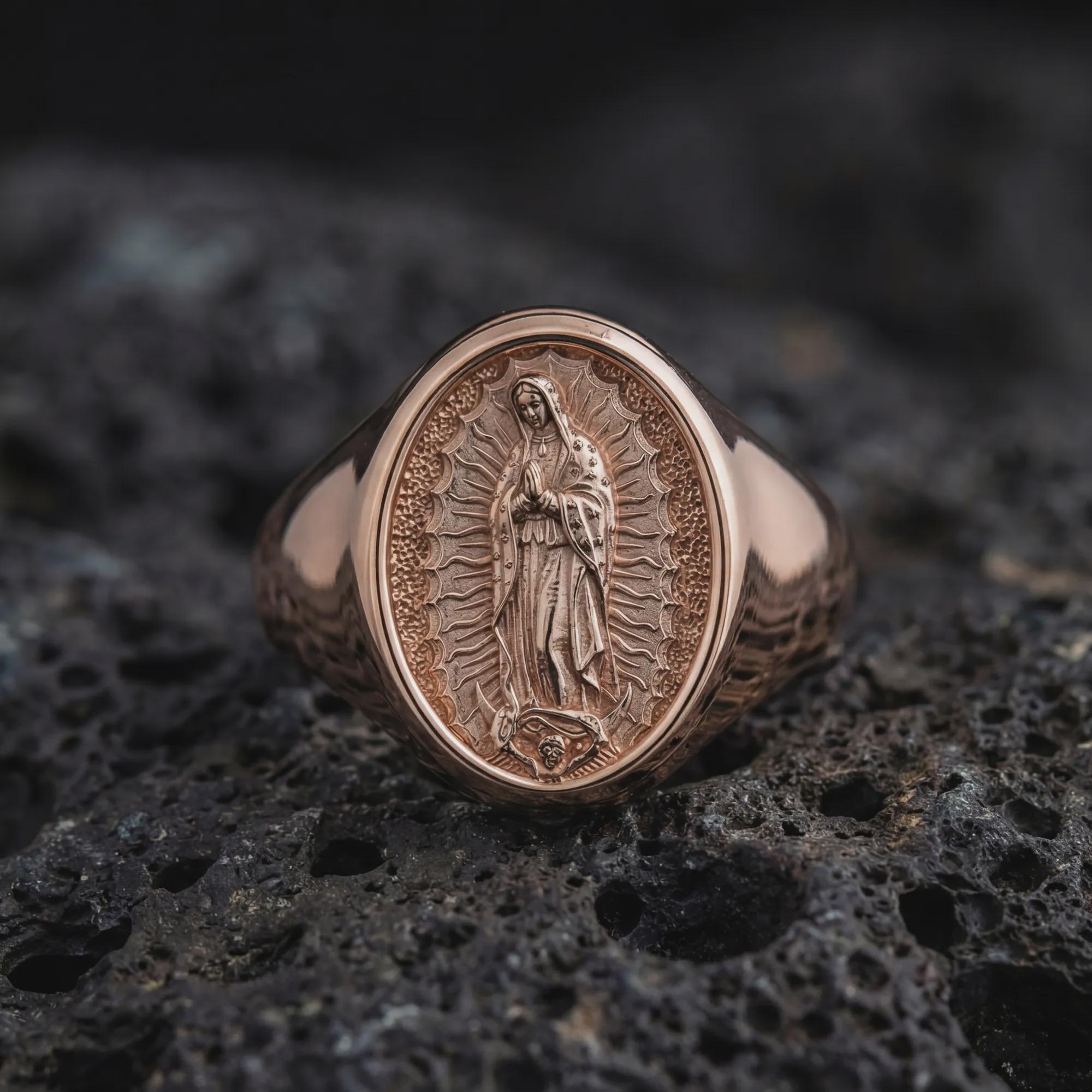 Rose gold plated Marian signet ring with Our Lady of Guadalupe design on volcanic stone