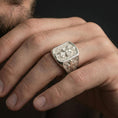 Load image into Gallery viewer, Polished silver Saint Dominic ring worn on finger, Dominican saint figure engraving with cross band design
