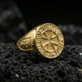 Load image into Gallery viewer, Gold plated Knights Templar signet ring on dark volcanic rock, Sigillum Militum Xpisti round seal cross

