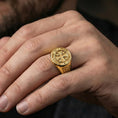 Load image into Gallery viewer, Gold plated Knights Templar signet ring worn on finger, round seal cross with Sigillum Militum Xpisti engraving
