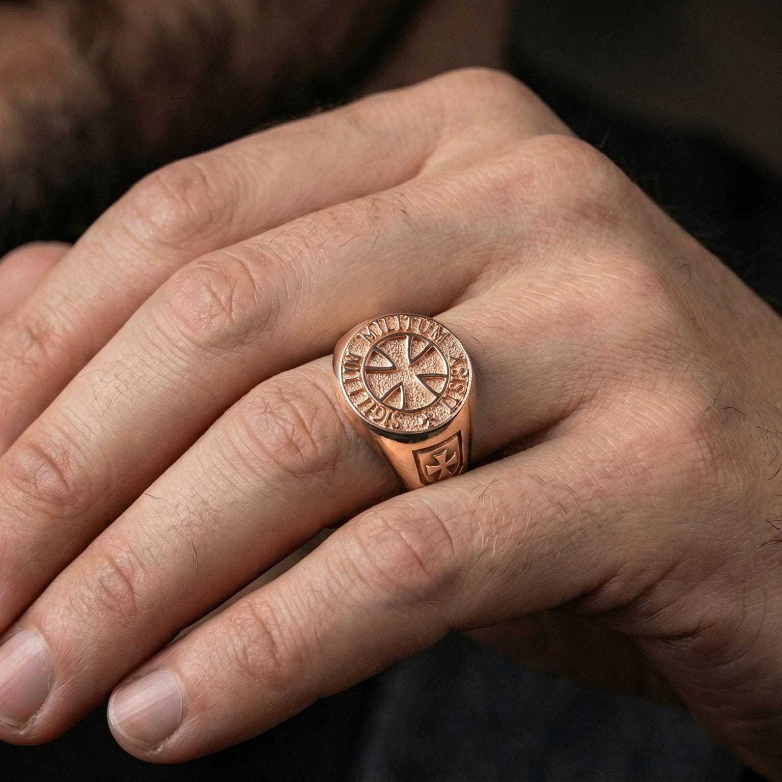 Rose gold plated Knights Templar ring worn on finger, templar seal signet with Latin inscription and cross