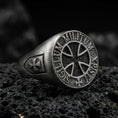 Load image into Gallery viewer, Oxidized 925 sterling silver Knights Templar signet ring on volcanic rock, Sigillum Militum Xpisti seal engraving

