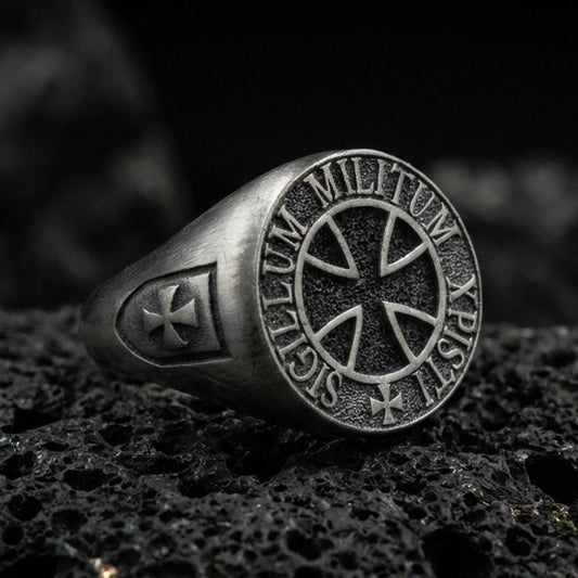 Oxidized 925 sterling silver Knights Templar signet ring on volcanic rock, Sigillum Militum Xpisti seal engraving