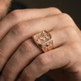 Load image into Gallery viewer, Rose gold plated Saint Michael signet ring worn on finger, archangel protection relief with cross side panel
