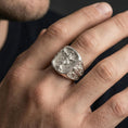Load image into Gallery viewer, Polished silver Saint Michael signet ring worn on finger, archangel warrior engraving with cross motif sides
