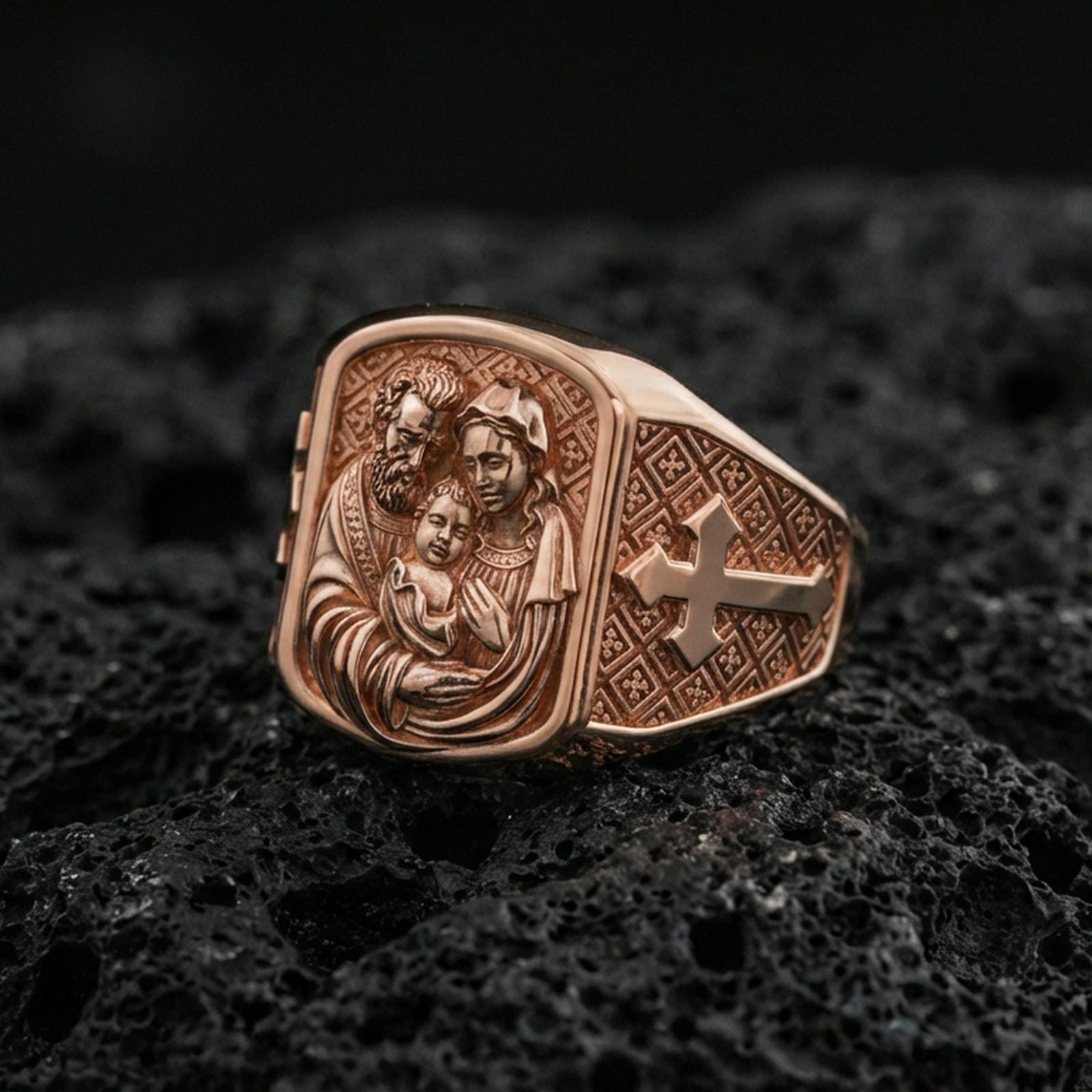 Rose gold plated Holy Family signet ring on volcanic stone, Holy Family portrait with cross side detail