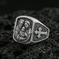 Load image into Gallery viewer, Oxidized 925 sterling silver Holy Family ring on volcanic rock, Mary Joseph and Child relief with cross band
