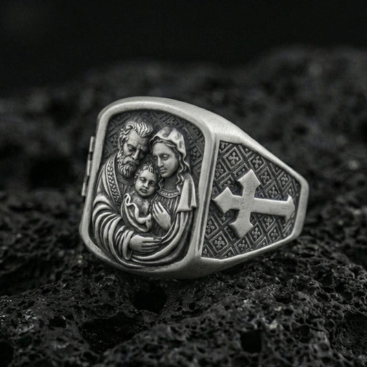 Oxidized 925 sterling silver Holy Family ring on volcanic rock, Mary Joseph and Child relief with cross band