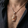 Load image into Gallery viewer, Rose gold plated guardian lion Fu Dog pendant worn on model with masculine mythic style
