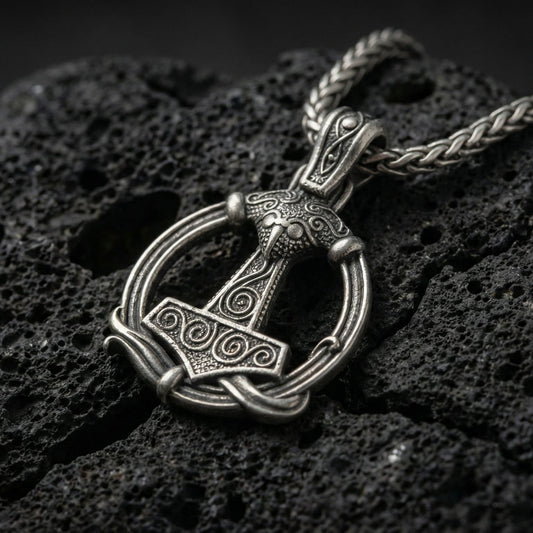 Oxidized Thor’s Hammer Mjölnir pendant necklace photographed on volcanic rock with detailed Norse rune engraving