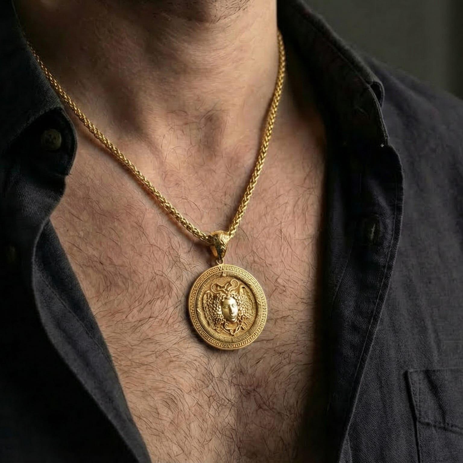 Gold plated Medusa mythology pendant worn by man as bold statement jewelry inspired by ancient Greece