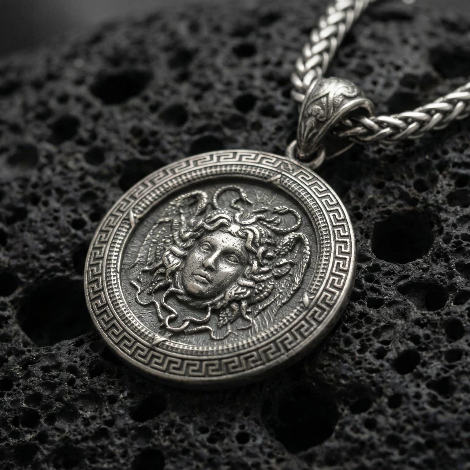 Oxidized Medusa pendant necklace photographed on volcanic rock with deep relief Gorgon face and Greek key border