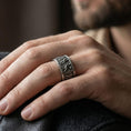 Load image into Gallery viewer, Oxidized ancient Greek relief band ring worn on finger as a statement of history and philosophy
