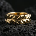 Load image into Gallery viewer, Gold plated angular geometric band ring showcased on volcanic rock as a symbol of strength, structure, and modern masculinity
