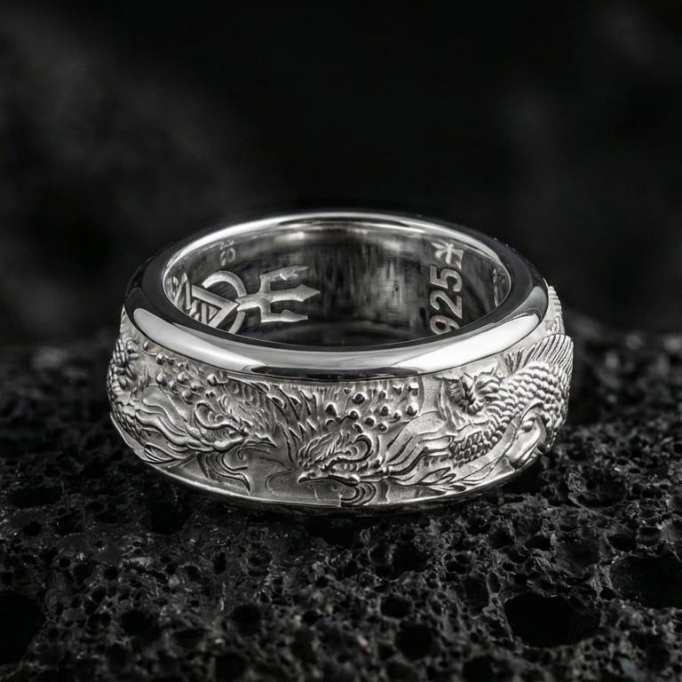 Polished silver phoenix spinner ring displayed on volcanic stone background emphasizing rotating band mechanism and detailed flame engraving