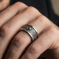 Load image into Gallery viewer, Oxidized lion head band ring worn on finger as a bold protector symbol with antique patina depth and strong everyday presence
