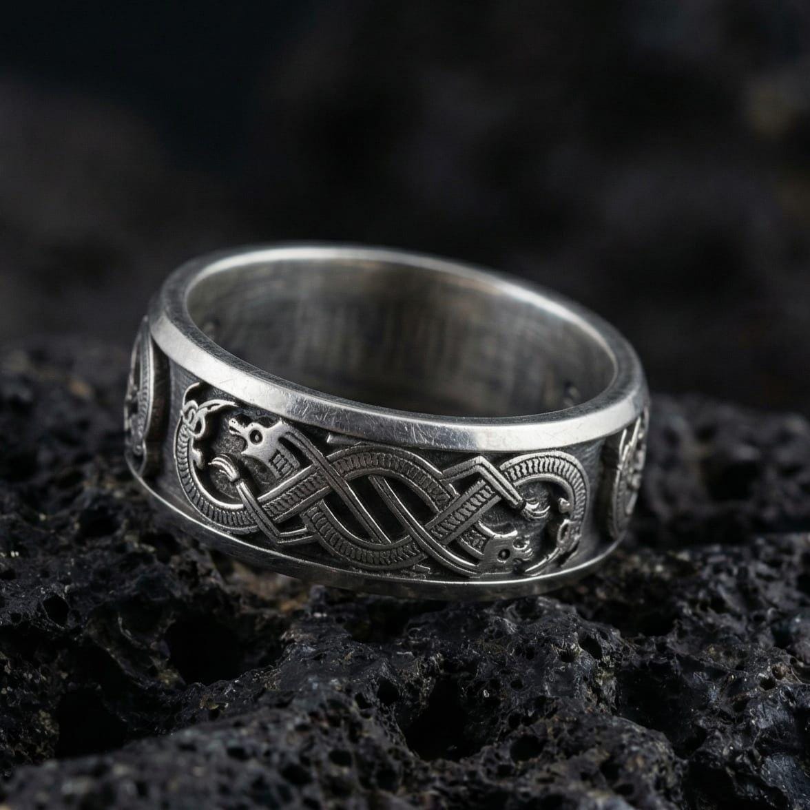 Oxidized Slavic dragon knotwork ring photographed on volcanic rock with engraved serpent pattern and pagan heritage styling