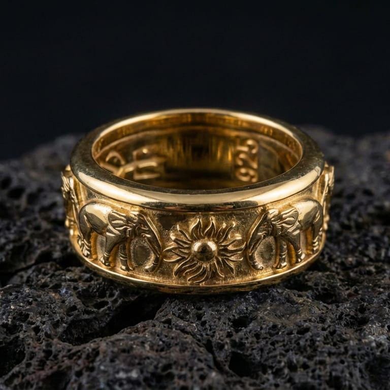 Gold plated elephant spinner ring showcased on volcanic rock with symbolic sun emblem, anxiety fidget band style and premium engraved texture