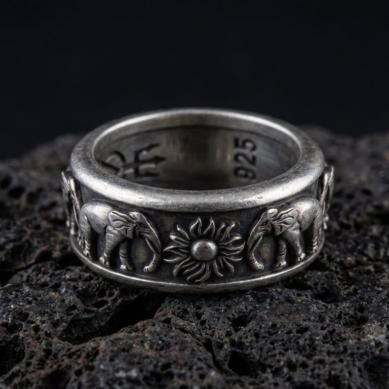 Oxidized spinner fidget elephant ring photographed on volcanic rock, 925 sterling silver band with raised elephant and sun motif, engravable inside