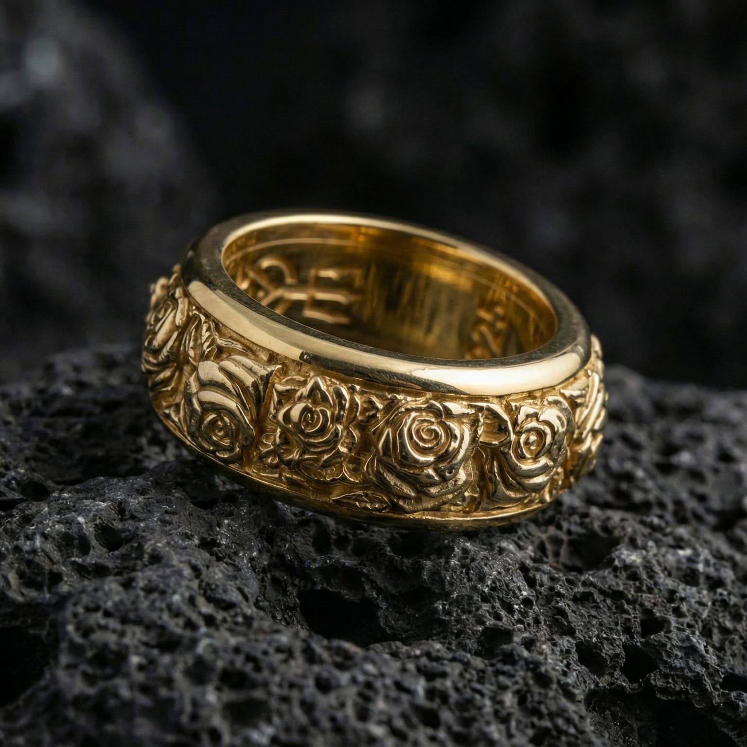 Gold plated spinning roses wedding band presented on volcanic rock with luxe botanical detailing and premium romantic statement aesthetic