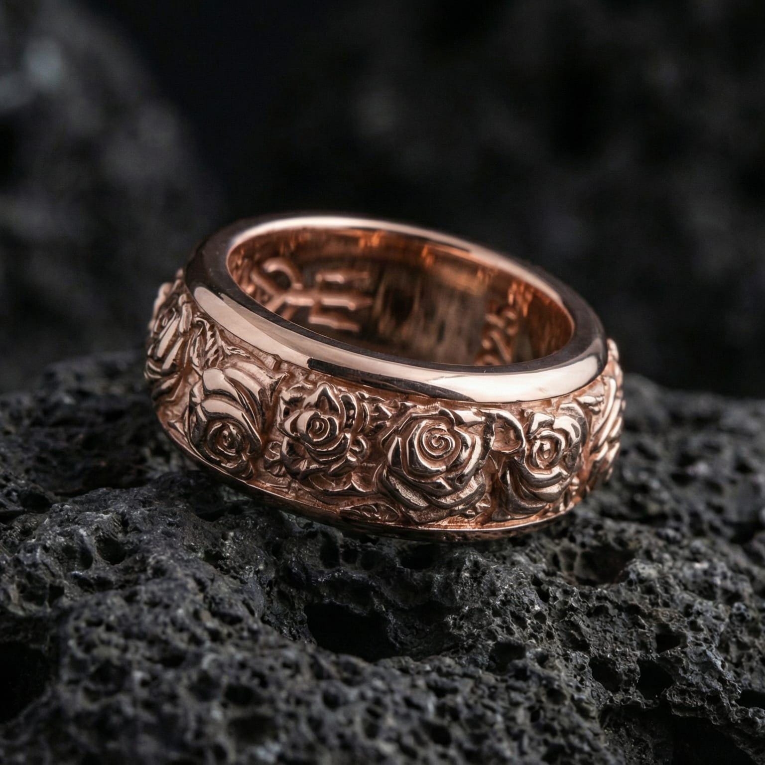 Rose gold plated floral spinner ring on volcanic rock emphasizing engraved rose motifs, elegant warmth, and refined anniversary gift appeal
