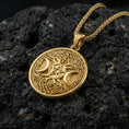 Load image into Gallery viewer, Gold plated triple moon pentagram sterling silver pendant on volcanic rock, Celtic knot circle design with braided chain
