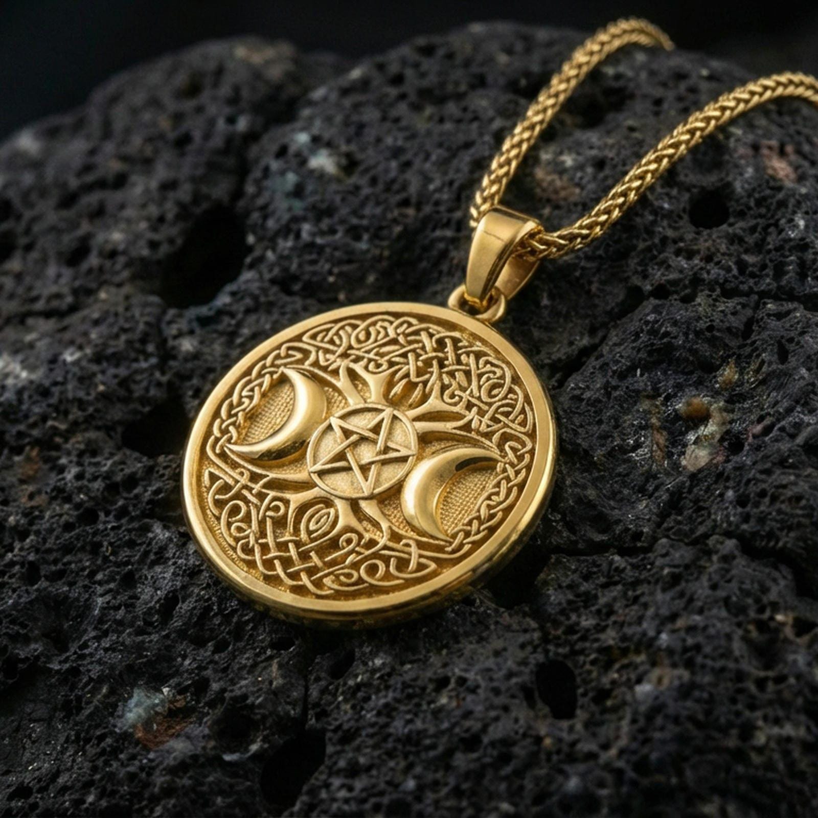 Gold plated triple moon pentagram sterling silver pendant on volcanic rock, Celtic knot circle design with braided chain