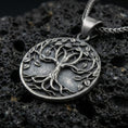 Load image into Gallery viewer, Oxidized 925 sterling silver Tree of Life pendant on volcanic rock, raised Yggdrasil branches and roots with braided chain
