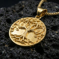 Load image into Gallery viewer, Gold plated Tree of Life sterling silver pendant on volcanic rock, Yggdrasil round medallion with braided chain
