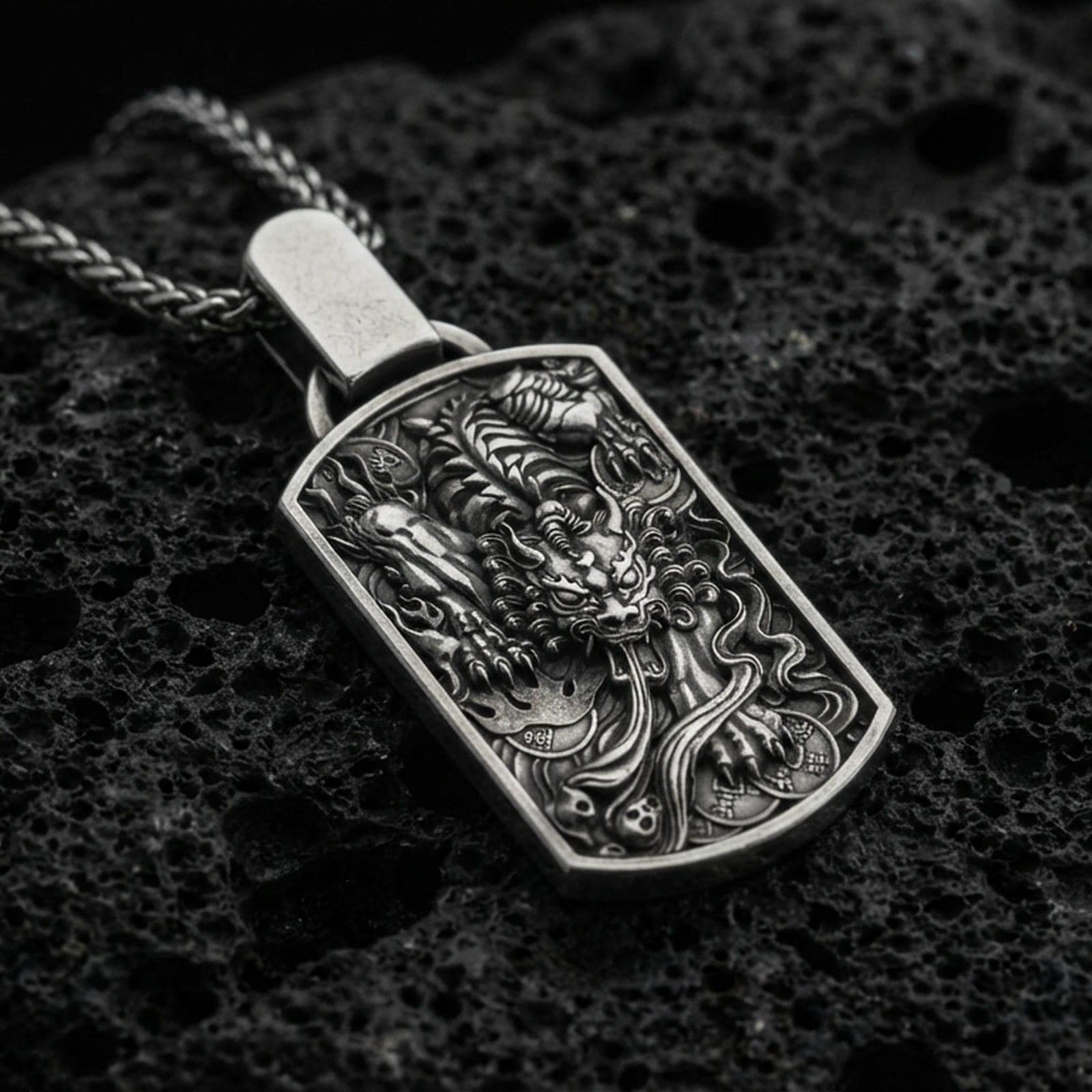 Oxidized 925 sterling silver foo dog pendant on volcanic rock, Chinese guardian lion relief dog tag necklace with braided chain