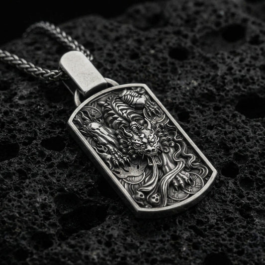 Oxidized 925 sterling silver foo dog pendant on volcanic rock, Chinese guardian lion relief dog tag necklace with braided chain