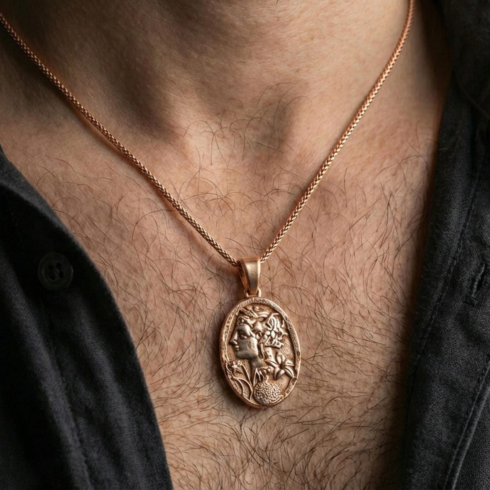 Rose gold plated Persephone pendant worn on neck, Greek goddess mythology oval medallion necklace with pomegranate motif