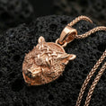 Load image into Gallery viewer, Rose gold plated Fenrir wolf head pendant on dark volcanic stone, Viking Fenrir necklace with Celtic knotwork and fierce wolf motif
